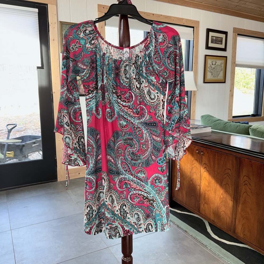2B Together Paisley Mini Dress Womens Medium‎ Pink Turquoise Boho Bell Sleeve